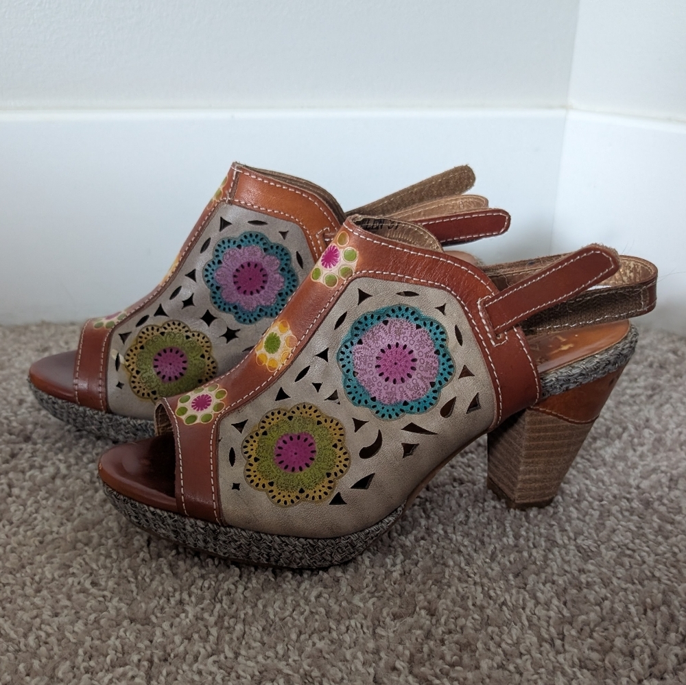 SOLD Brown and Blue Heels with Embroidered Wooden Soles